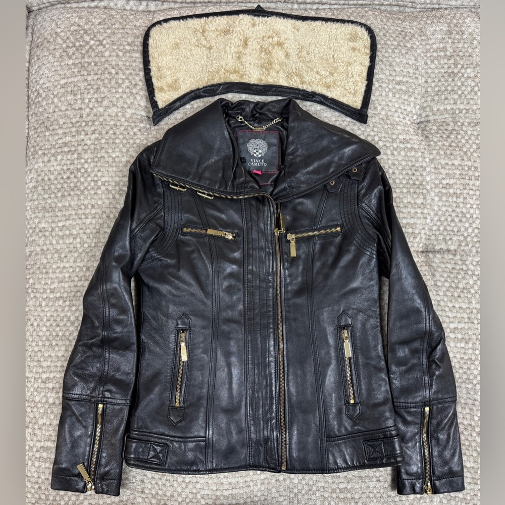 Vince Camuto Leather Motorcycle Jacket XS Black Removable Fur Collar Mint